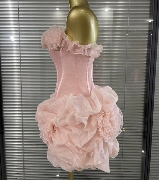 Women Pink Sexy Floral Strapless Mesh Dress