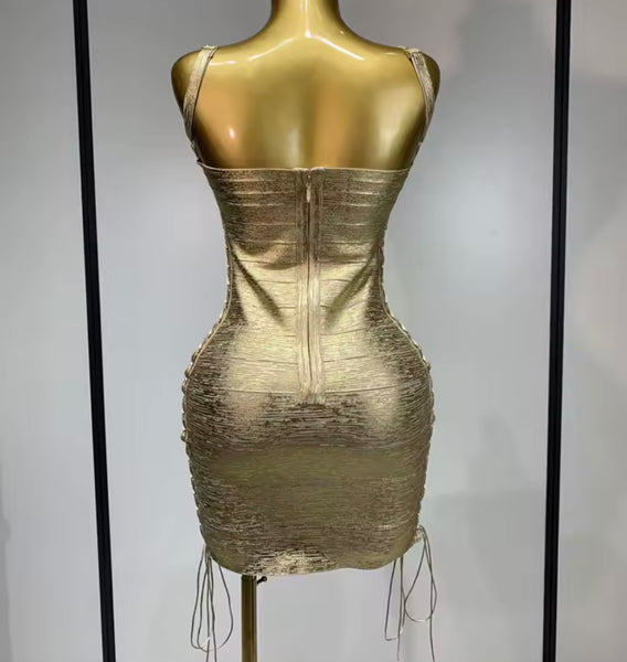 Women Sexy Sleeveless Lace Up Side Metallic Bandage Dress