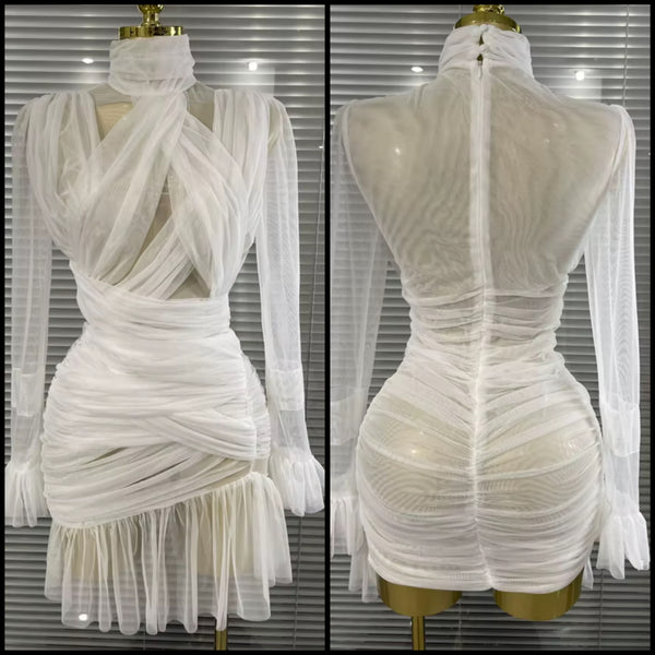 Women White Sexy Ruffled Ruched Mesh Full Sleeve Dress