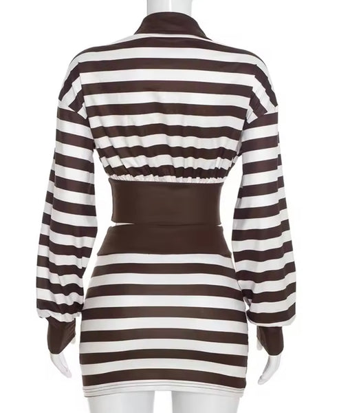 Women Collar Striped Full Sleeve Crop Two Piece Skirt Set