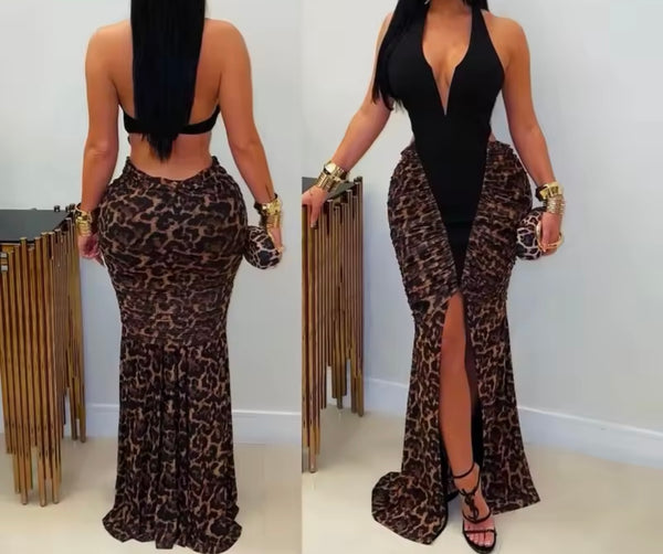 Women Sexy Halter Sleeveless Open Back Leopard Maxi Dress