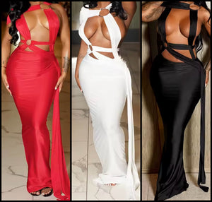 Women Sexy Sleeveless Solid Color Hollow Cross Maxi Dress