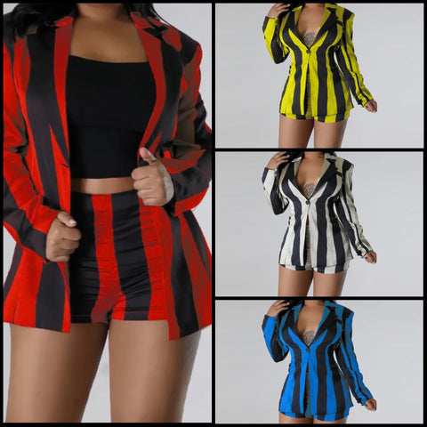 Women Fashion Color Patchwork Striped Blazer Two Piece Short Set