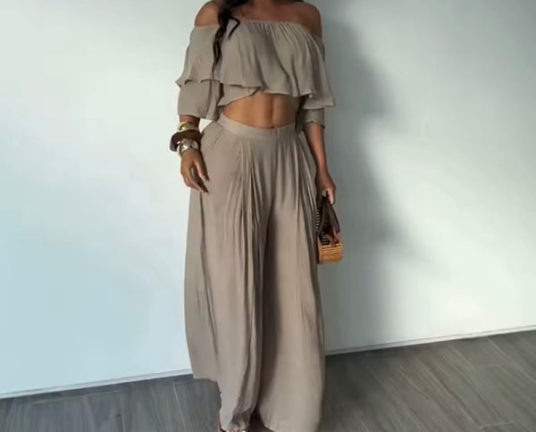 Women Fashion Off The Shoulder Ruffled Crop Two Piece Pant Set