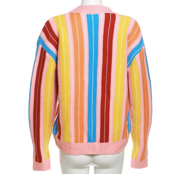 Women Fashion Colorful Striped Button Up Cardigan Top