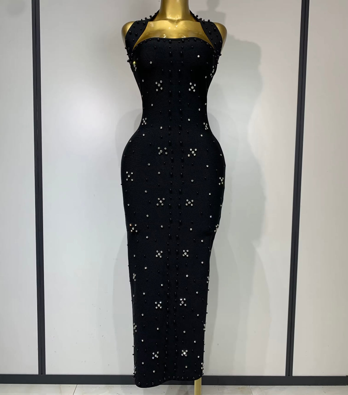 Women Sexy Halter Sleeveless Beaded Rhinestone Maxi Dress