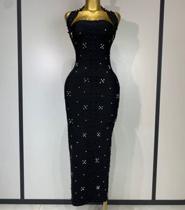 Women Sexy Halter Sleeveless Beaded Rhinestone Maxi Dress