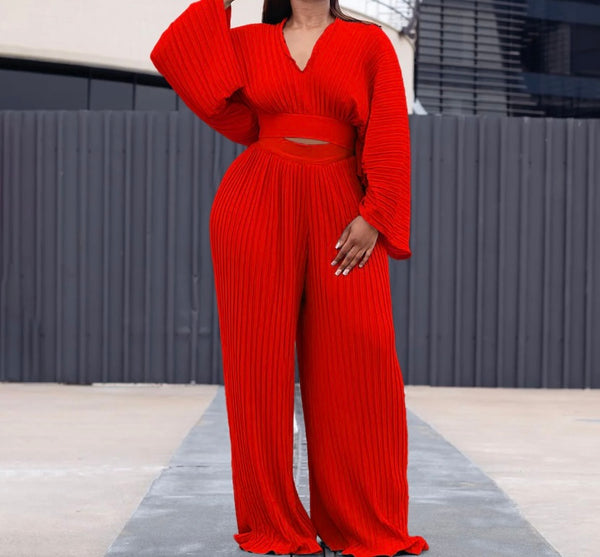 Women Sexy Fashion Full Sleeve Pleated Two Piece Pant Set