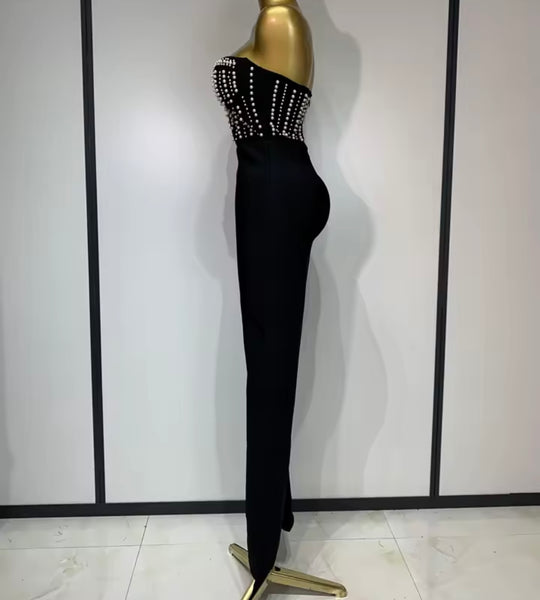 Women Sexy Strapless Black Beaded Patchwork Jumpsuit