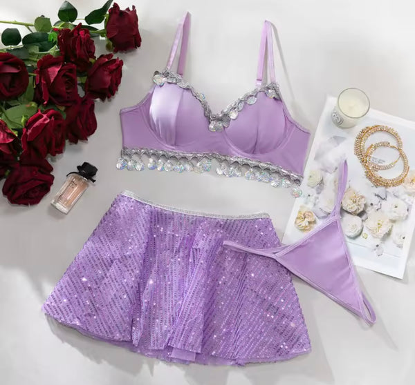 Women Sexy Purple Tassel Three Piece Lingerie Set