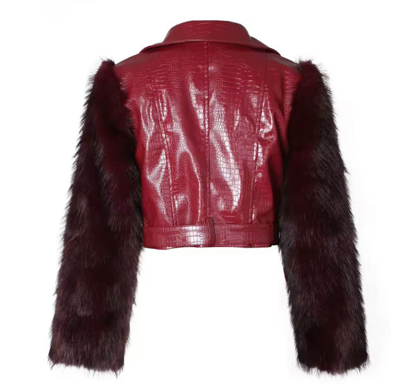 Women Fashion Faux Leather Fur Sleeve Buckled Jacket