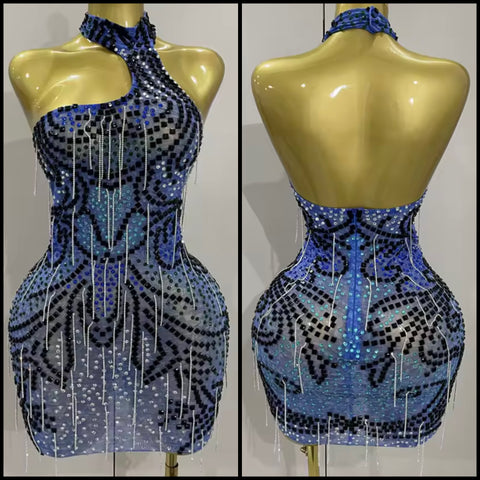 Women Sexy Halter Sleeveless Blue Bling Tassel Mesh Dress