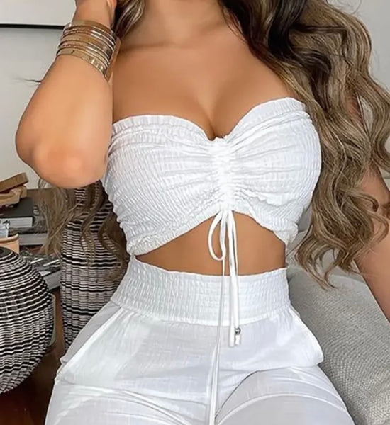 Women White Sexy Strapless Two Piece Pant Set
