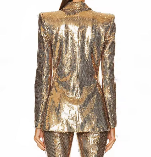 Women Fashion Gold Sequins Blazer Two Piece Pant Set