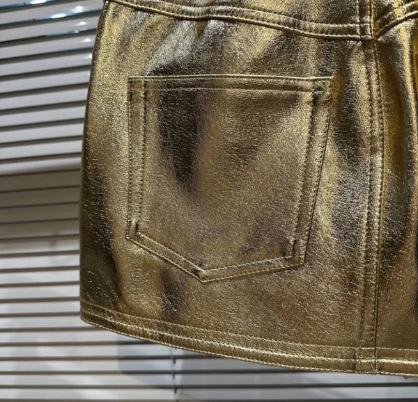 Women Gold Fashion Faux Leather Skirt