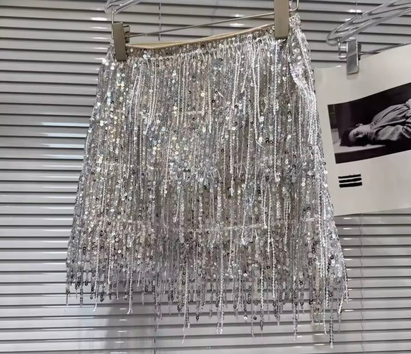 Women Silver Sexy Fringe Tassel Strapless Two Piece Skirt Set