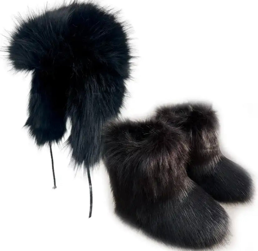 Women Fashion Color Faux Fur Ankle Boots Hat Set