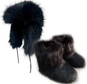 Women Fashion Color Faux Fur Ankle Boots Hat Set