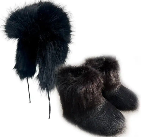 Women Fashion Color Faux Fur Ankle Boots Hat Set