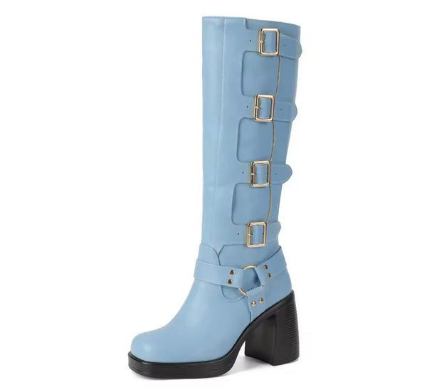 Women Color Fashion Square Toe Buckled Knee High Boots