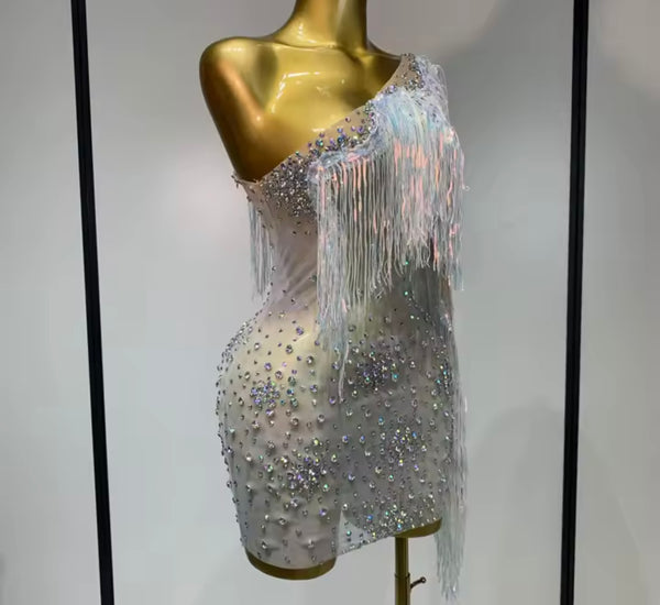 Women Sexy One Shoulder Silver Fringe Tassel Rhinestone Dress