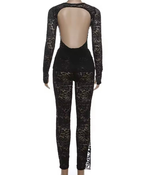 Women Sexy Lace Open Back Full Sleeve Bodysuit Two Piece Pant Set