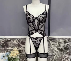 Women Sexy Sleeveless Floral Mesh Lingerie Set