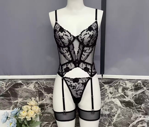 Women Sexy Sleeveless Floral Mesh Lingerie Set