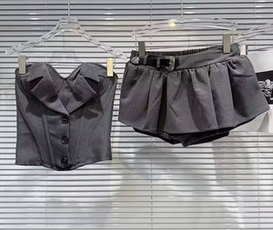 Women Button Up Strapless Sexy Two Piece Gray Skirt Set