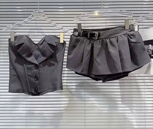 Women Button Up Strapless Sexy Two Piece Gray Skirt Set