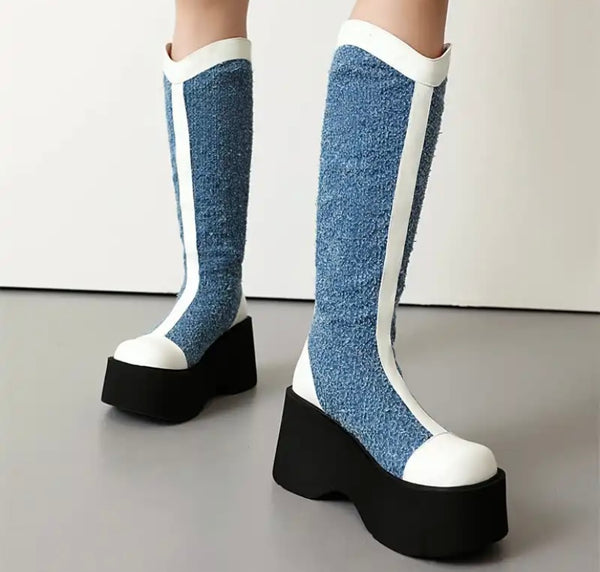 Women Fashion Denim Color Patchwork Platform Knee High Boots