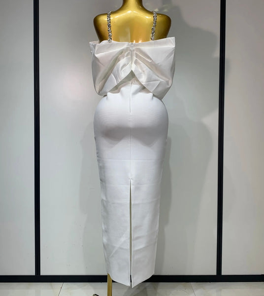 Women Sexy Rhinestone Bow White Maxi Bandage Dress