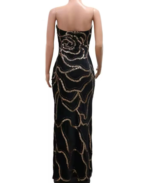 Women Sexy Strapless Sequins Maxi Dress