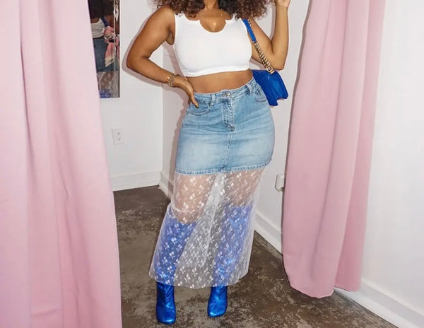 Women Sexy Denim Lace Patchwork Maxi Skirt