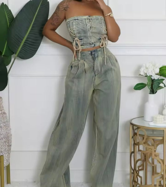 Women Fashion Strapless Denim Two Piece Loose Pant Set