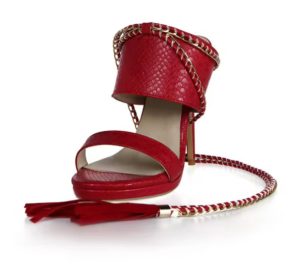 Women Color Fashion Chain Lace Up High Heel Sandals