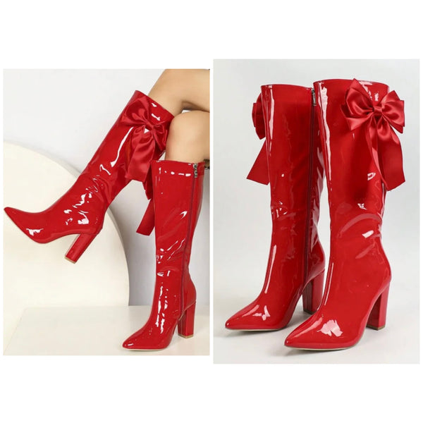 Women Fashion Red Patent Leather Bow Knee High Boots