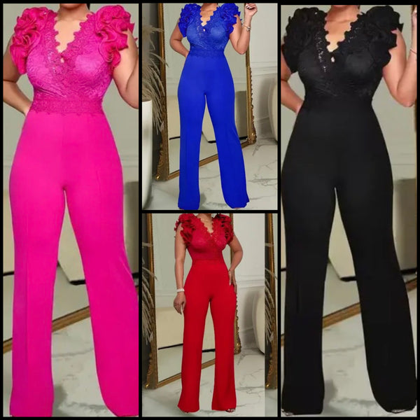 Women Sexy Color Ruffled Lace Patchwork Short Sleeve Jumpsuit