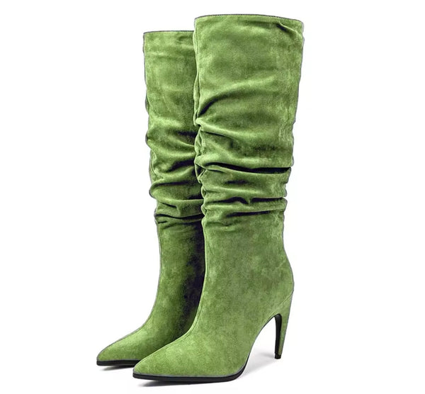Women Fashion Ruched Suede Knee High Boots