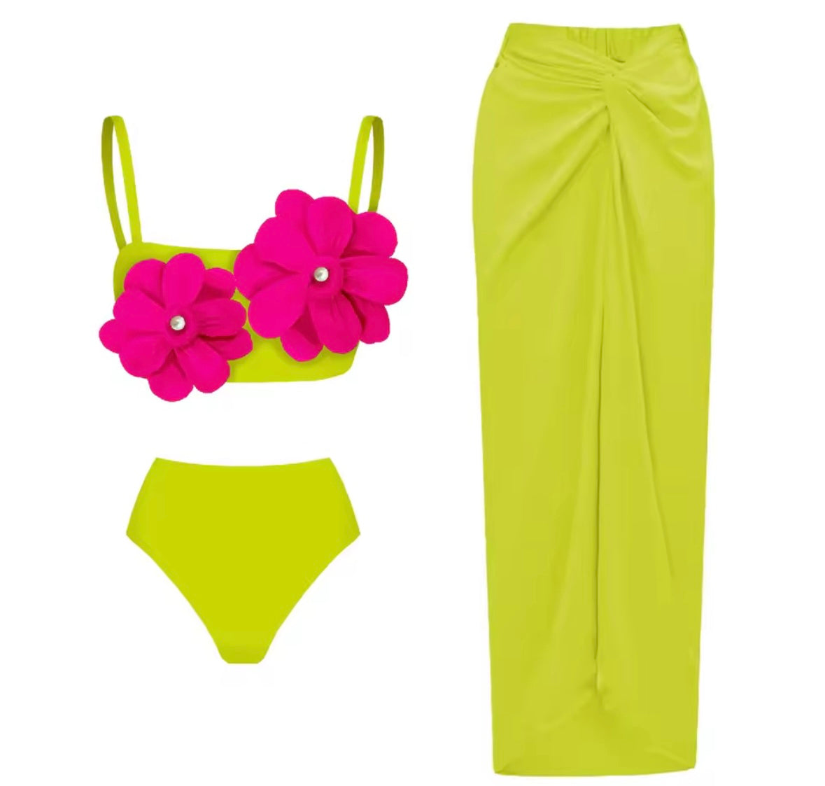 Women Sexy One Shoulder/Sleeveless Green Floral Swimsuit Cover Up Set