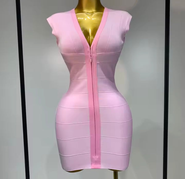 Women Sexy Front Zipper Sleeveless Bandage Dress