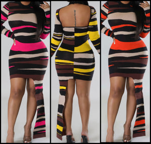 Women Sexy Multicolored Striped Full Sleeve Asymmetrical Open Back Dress