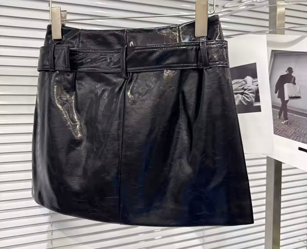 Women Sexy Fashion Color Faux Leather Belted Skirt