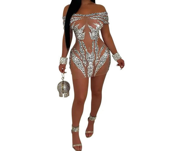 Women Sexy Mesh Bling Off The Shoulder Dress