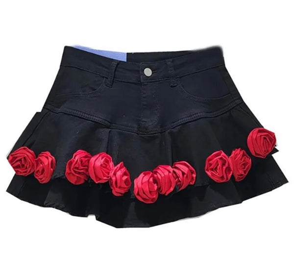 Women Fashion Black Red Floral Ruffled Denim Skirt