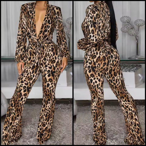 Women Sexy V-Neck Leopard Print Full Sleeve Jumpsuit