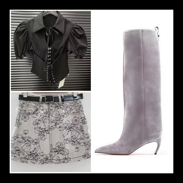 Women Fashion Gray Embroidered Floral Denim Skirt