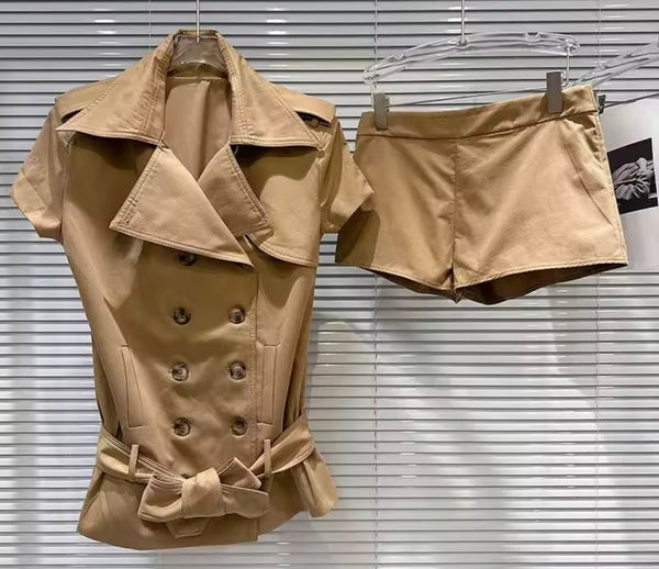 Women Fashion Double Breasted Belted Two Piece Short Set