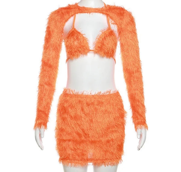 Women Sexy Faux Fur Three Piece Skirt Set