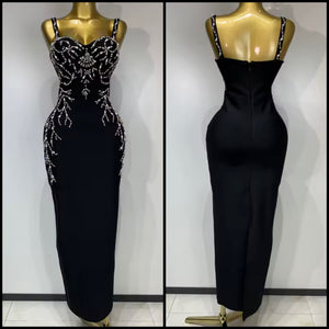 Women Sleeveless Black Beaded Rhinestone Patchwork Dress